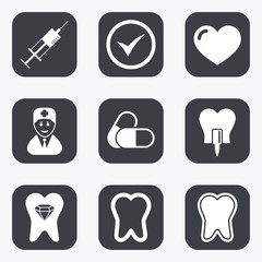 Tooth, dental care icons. Stomatology signs.