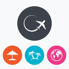 Travel trip icon. Airplane, world globe symbols.