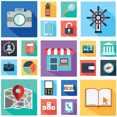 Vector collection of colorful flat business and finance icons with long shadow. Design elements for mobile and web applications