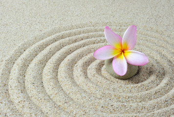 Fototapeta na wymiar zen stones with frangipani flower with sand background