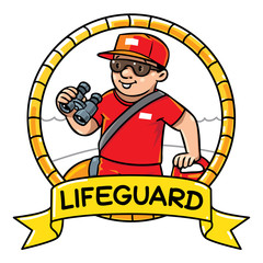 Emblem of  funny lifeguard with equipment on the beach in round frame with cartouche. Profession ABC series. Children vector illustration.