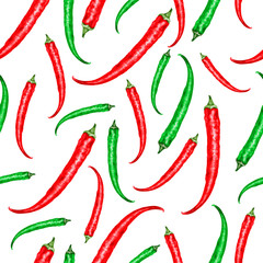 Fresh watercolor green and red chili pepper illustration. Seamless vector pattern