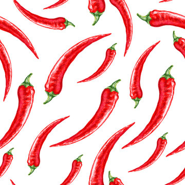 Fresh watercolor green chili pepper illustration. Seamless vector pattern.