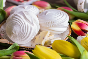 Fresh tulips and Marshmallows (zephyr)and a Cup of tea ,white chocolate.March 8.