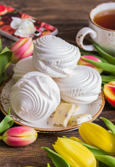 Fresh tulips and Marshmallows (zephyr)and a Cup of tea ,white chocolate.March 8.