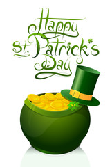 Saint Patricks Day greeting card design with leprechaun golden pot as Holiday symbol