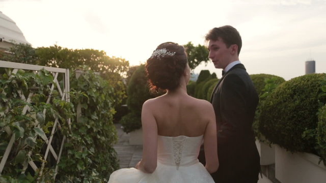 Aristocratic wedding couple walking on Elysian Fields in Paris. Back view