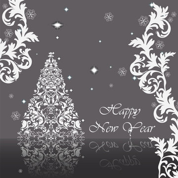 Classic royal silver ornamented New Year card. Vector