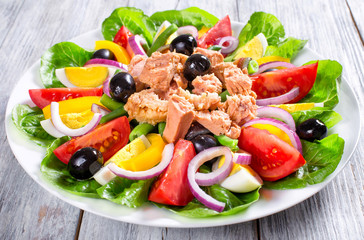 salad with tuna, classic recipe, french cuisine, close-up