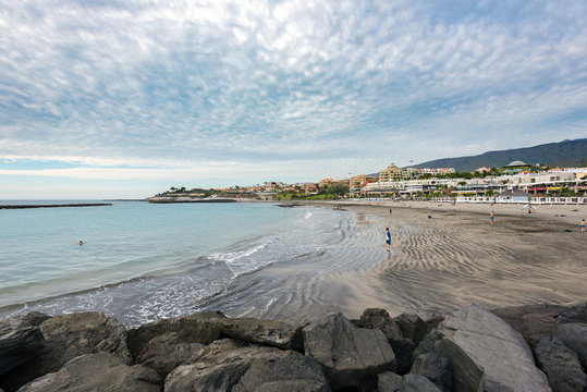 Torviscas Playa black sand beach at Tenerife island