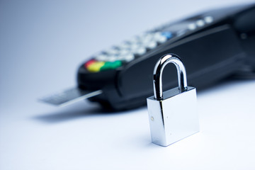 Credit Card machine payment security with key lock & padlock