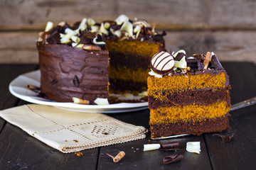Slice of chocolate and toffee layer cake