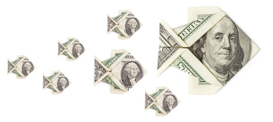 Shoal of dollar origami fish isolated