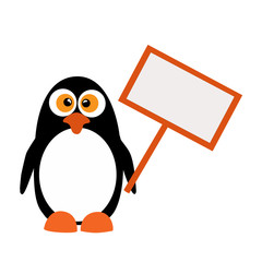 Penguin with a sign on a white background isolated