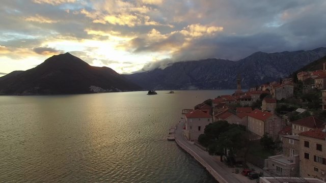 aerial view of Perast city in Kotor bay on the sunset