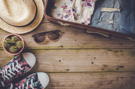 Travel preparations on wooden table