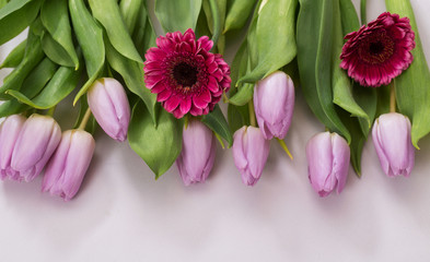 Wiosenny pastelowy bukiet z liliowych tulipanów i różowych gerber na białym tle 