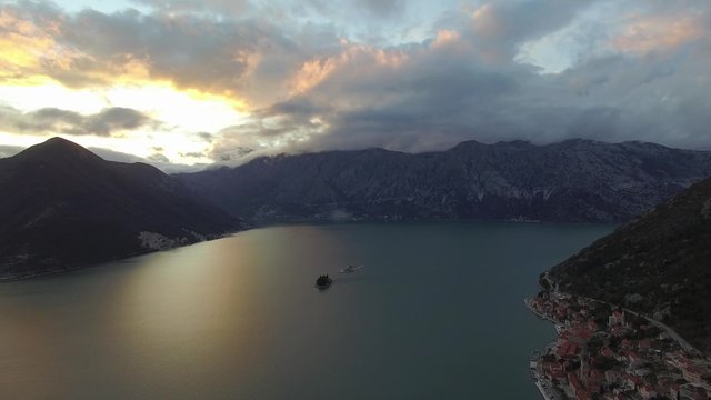 aerial view of Perast city in Kotor bay on the sunset