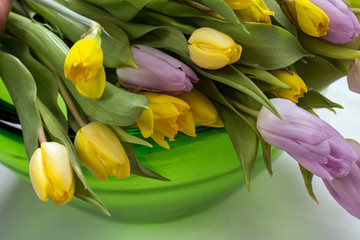 Wiosenny bukiet kwiatów z żółtych i liliowych tulipanów oraz żonkili  na białym tle na zielonej szklanej misie paterze