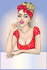 Pin-up housewife woman portrait with signboard - 104787958