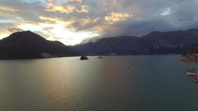 aerial view of Perast city in Kotor bay on the sunset