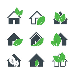 Obraz premium Grey Vector Hous and Green Leaf. Vector Icon.