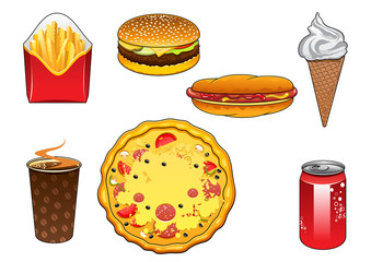 Fast food snacks, soda can and ice cream