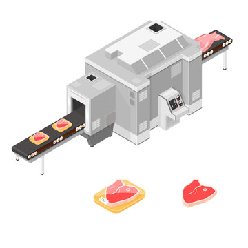 A vector illustration icon of an isometric Meat processing plant machine.
Industrial technology depicting the meat - producing and packing industry.
