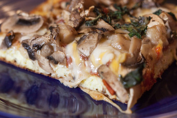 Mouth watering homemade pizza on blue plate with veggie toppings of mushroom, sun-dried tomatoes and fresh basil