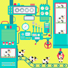 Colorful factory of cows with cute machines. Fantasy. Conceptual. Flat design.