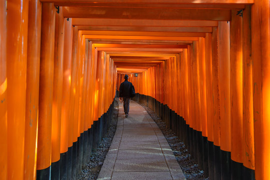 Red tori gate at Fushimi Inari Shrine in Kyoto, Japan.