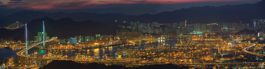 Fototapeta na wymiar Panoramic top view of Hong Kong harbor