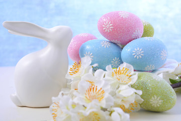 Easter pastel eggs and bunny decoration.