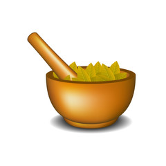 Wooden mortar with pestle and brown leaves 