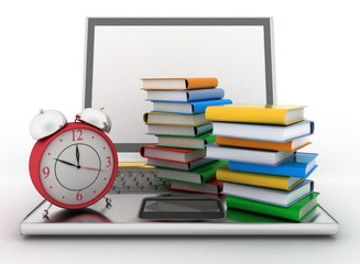 Laptop, books and clock. 3d illustration on white background