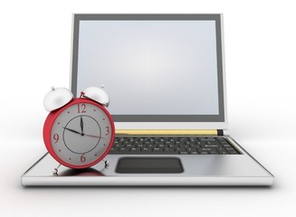 Laptop and clock. 3d illustration on white background