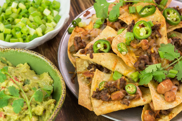 Mexican food. Nachos, guacamolle dip.