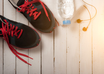 Set for sports activities on white wooden background,vintage col