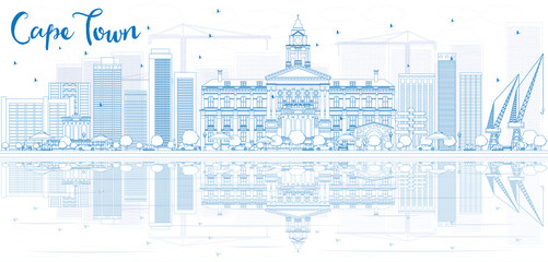 Outline Cape town skyline with blue buildings and reflection.