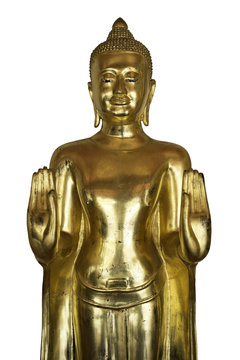 Old Golden Buddha Standing and rise two hand posture in temple of THAILAND.
