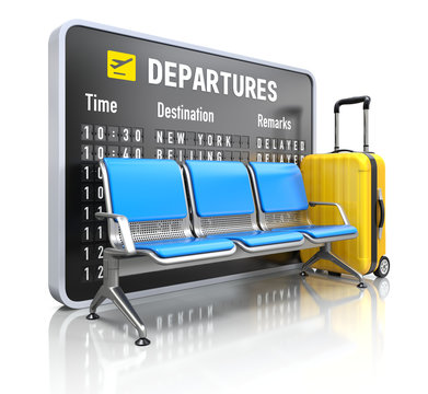 Departure board with airport seating