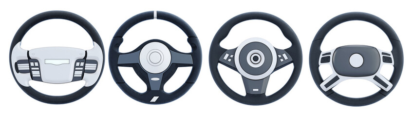 Different steering wheels isolated on white background. 3d rendering.
