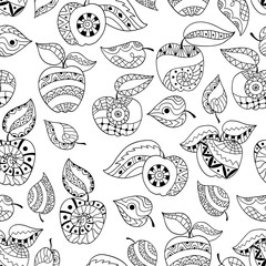 Hand drawn apples and leaves for anti stress colouring page. Seamless pattern for coloring book. Illustration in zentangle style. Black and white background.
