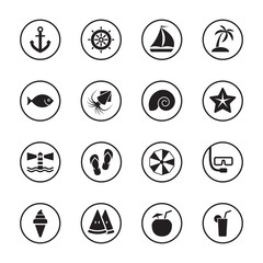 black flat summer icon set with circle frame for web design, user interface (UI), infographic and mobile application (apps)