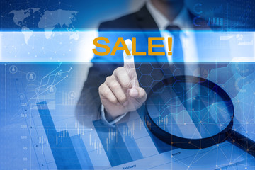 Businessman hand touching SALE! button on virtual screen