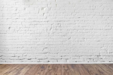 Foto auf Acrylglas Ziegelwand weiße Backsteinmauer Textur Hintergrund Holzboden Loft