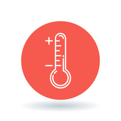 Thermometer icon. Temperature sign. Weather instrument symbol. White thermometer icon on red circle background. Vector illustration.