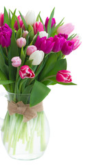bouquet of  pink, purple and white  tulips