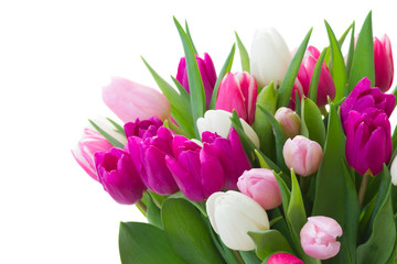 bouquet of  pink, purple and white  tulips
