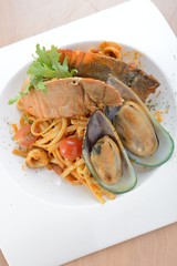 Seafood pasta - Spaghetti with mussels, lobster, sea scallops in white plate